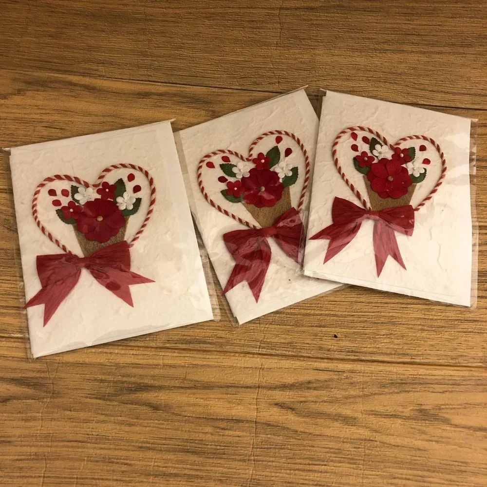 3 Handcrafted greetings love cards for Valentine's day, w/ envelopes